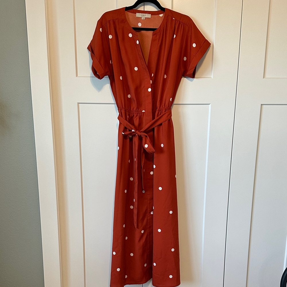 LOFT Rust Polka Dot Midi Dress